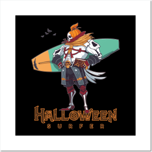 Halloween Beach Surfer Pumpkin Head Skull Posters and Art